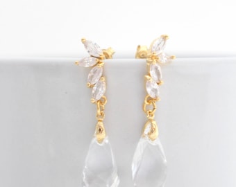 Gold Bridal Earrings Dangle, Wedding Earrings Gold, Clear Earrings, Swarovski Crystal Earrings, Small Teardrop Earrings, Gold Bridal Jewelry