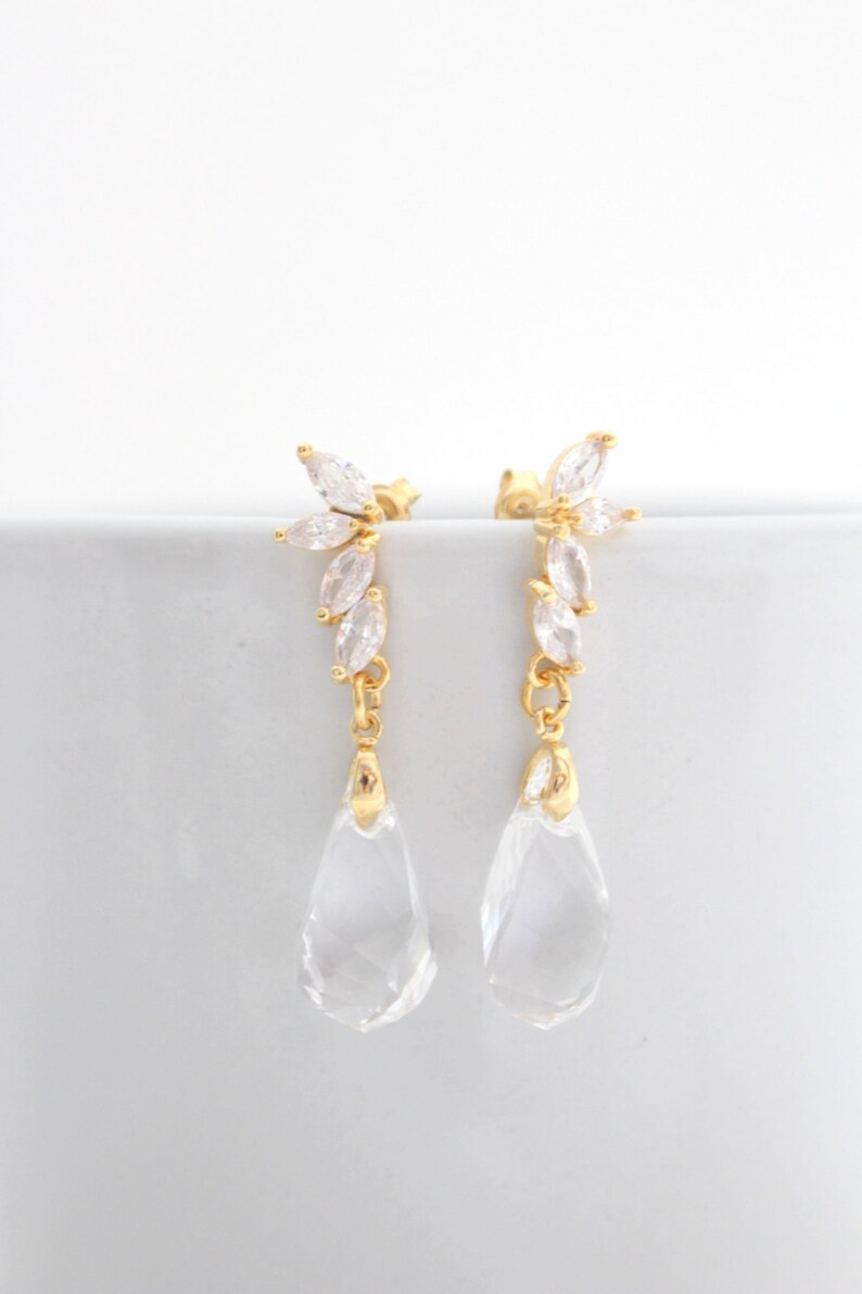 Bridal Dangle Earrings, Clear Swarovski Crystal Teardrop Wedding Earrings in Gold Silver, Small Drop with Flower Post, Bridesmaid Jewelry image 3