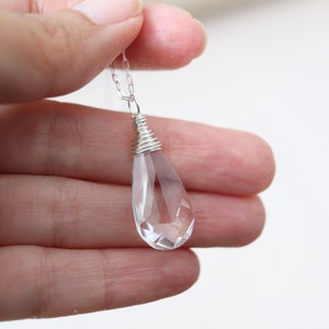 Clear Swarovski Teardrop Necklace, Sterling Silver, Gold or Rose Gold Filled Necklace, Wire Wrapped Bridesmaid Teardrop Necklace, Boho Bride image 4