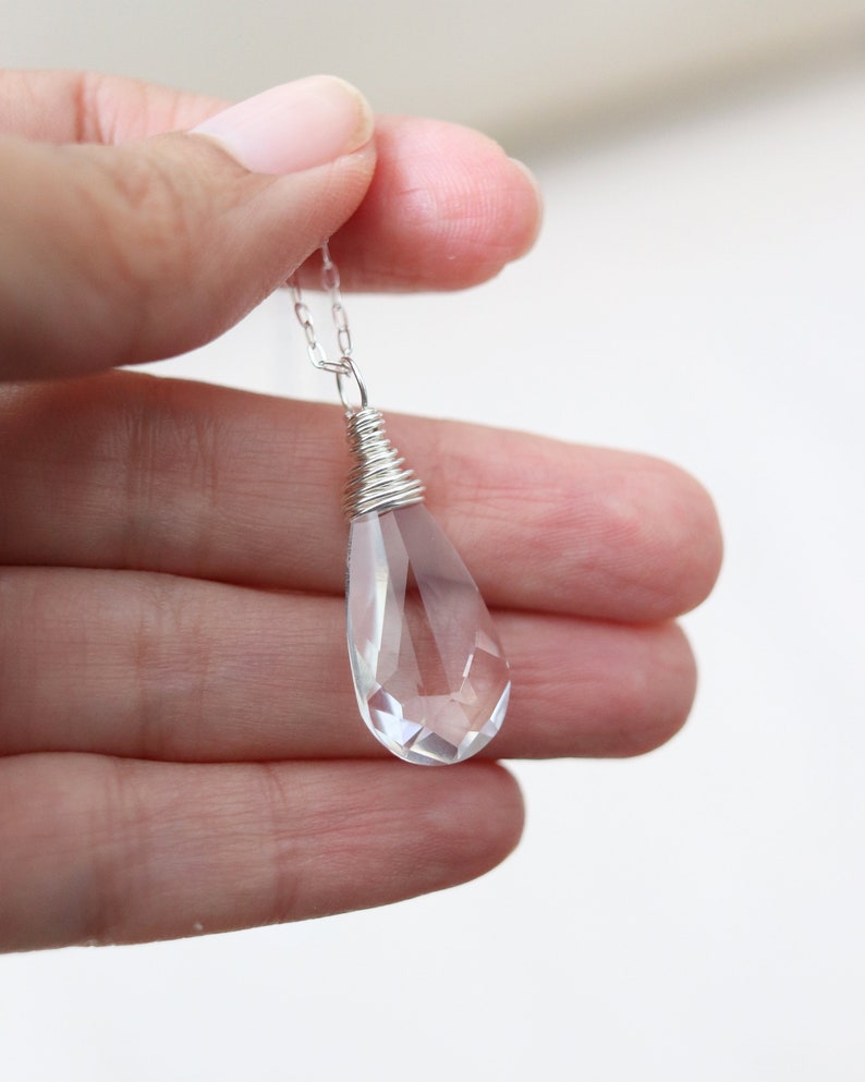 Clear Swarovski Teardrop Necklace, Sterling Silver, Gold or Rose Gold Filled Necklace, Wire Wrapped Bridesmaid Teardrop Necklace, Boho Bride image 4