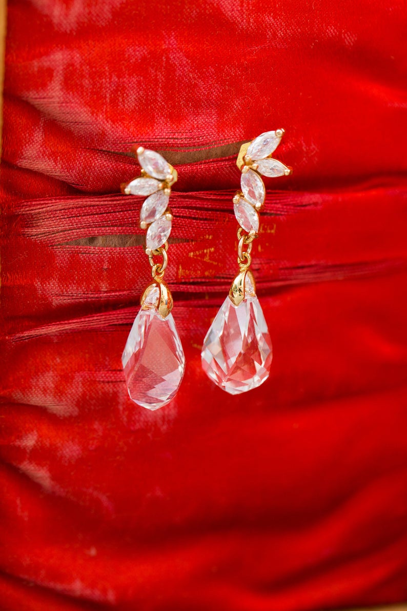Gold Bridal Earrings Dangle, Wedding Earrings Gold, Clear Earrings, Swarovski Crystal Earrings, Small Teardrop Earrings, Gold Bridal Jewelry image 6