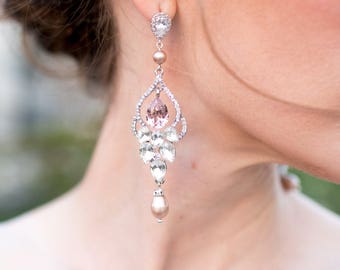 Blush Wedding Chandelier Earrings, Pearl Wedding Chandelier, Pearl Bridal Earrings Rose, Long Wedding Earrings with Pearls and Crystals,