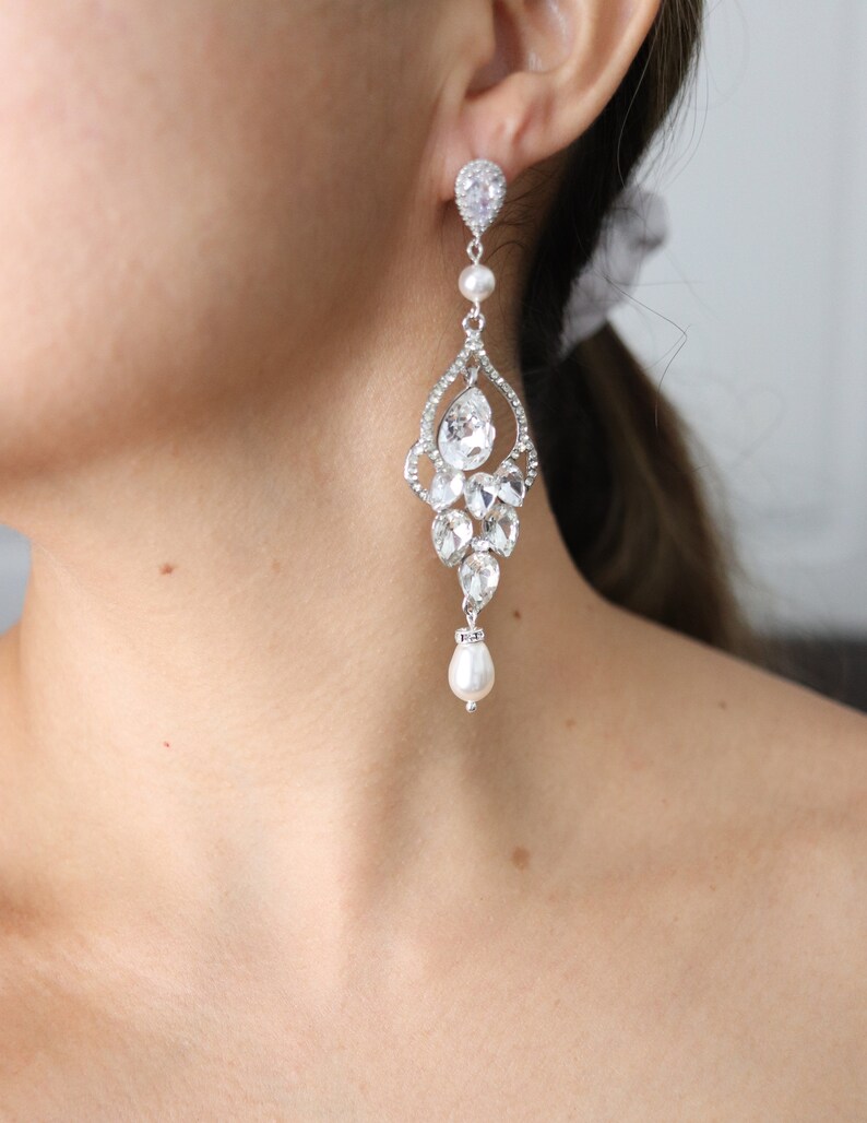 Long Bridal Chandelier Earrings Chandelier Wedding Earrings Crystal and Pearl Earrings Vintage Style Jewelry Crystal Statement Gold Earrings image 7