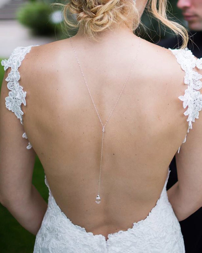 Bridal Back Necklace, Wedding Backless Necklace, Wedding Back Drop Necklace, Swarovski Crystal, Silver, Gold or Rose Gold Fill Backdrop image 4