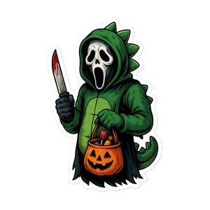 May include: A sticker depicting a character in a Scream mask wearing a green dinosaur costume, holding a bloody knife and a jack-o'-lantern candy bucket. The mask is white with a screaming expression. The costume has a hood and a tail.
