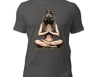 Gas Mask Yoga Shirt, Modern Meditation Tee, Dark Aesthetic Graphic T-Shirt, Psychological Streetwear, Edgy Concept Apparel