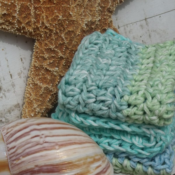 SALE 50% OFF - Dishcloths - Crochet Dish Cloths in Ocean Tones - Set of Three, Nautical, Blue, Sea Green, Teal, Turquoise