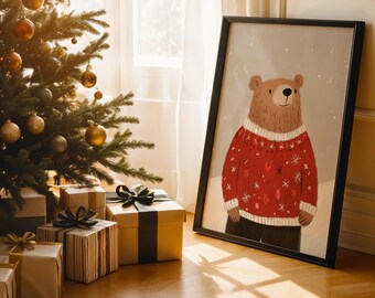 Christmas Bear Nursery Print, Festive Kids Room Decor (Digital Download)