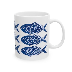 Fish Pattern Ceramic Coffee Tea Mug - Sea Theme Coffee Cup, Ocean, Beach House, Marine Life Mug, Fisherman, Nautical, Coastal, Island
