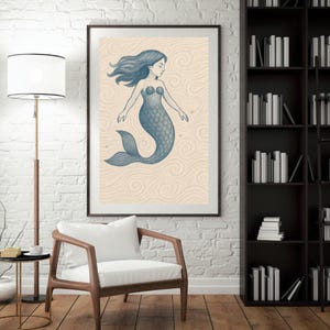 Vintage whimsical Mermaid Illustration digital prints | Mermaid Wall Art | Beach House Art | Coastal Art | Nautical Art