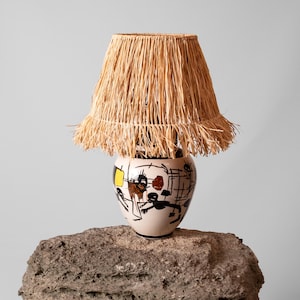 Handmade Ceramic Table Lamp: Pop Art Deco Raffia Shade