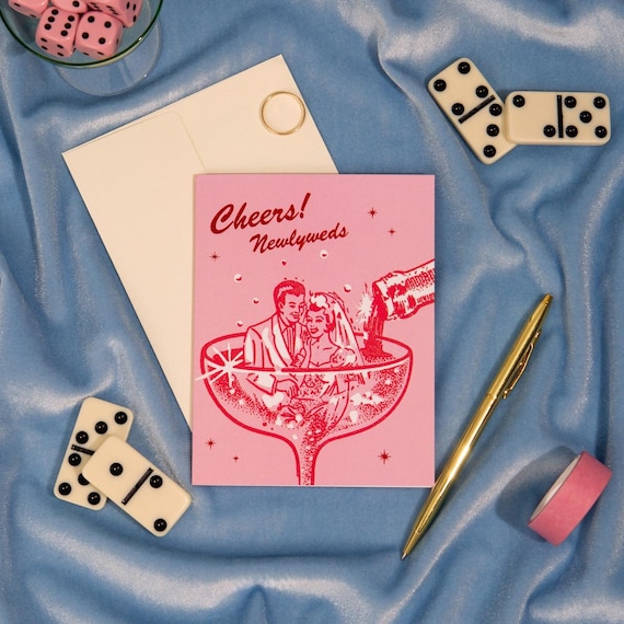 Cheers Newlyweds Card: Retro Wedding Greeting with Red Foil