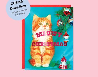 Retro Kitty Christmas Card – Fuchsia Foil, Vintage Holiday