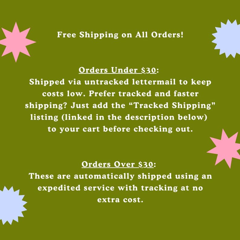 May include: An olive green background with text that reads "Free Shipping on All Orders!". Additional text details shipping options for orders under and over &pound;30. Pink and blue starburst shapes decorate the background.