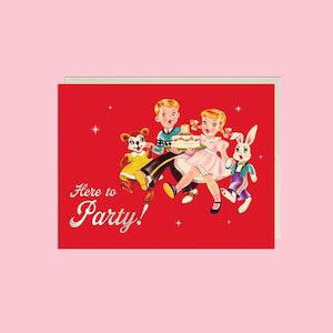 Here to Party Birthday Card – Retro Illustration Kids A2 Greeting Card with Foil Detail – Funny Vintage-Inspired Birthday Card