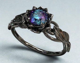 Bloemenring met zwarte blad en blauwe zirkoon - Witchy gotische bloemensieraden, op de natuur geïnspireerd bohocadeau voor vrouwen