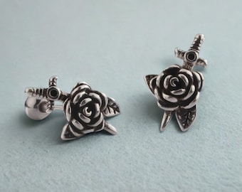 Orecchini gotici a forma di spada rosa - Orecchini a bottone punk in argento thailandese con chiusura a vite, gioielli estetici dark per uomo e donna, regalo di moda alternativa