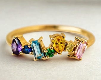 Rainbow Cubic Zirconia Ring: Gold Plated Brass Stacking Ring