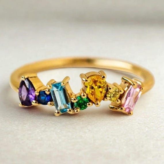 Rainbow Cubic Zirconia Ring: Gold Plated Brass Stacking Ring