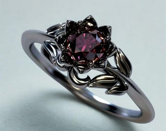 Donkere bloemenring met rode zirkoon, verlovingsring Gothic Witchcore, zwarte roos vintage sieraden, bloedrode heksencadeau voor haar