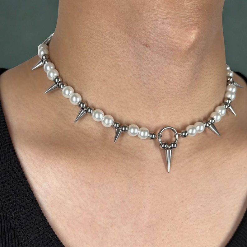 Model wearing stainless steel pearl spike choker necklace