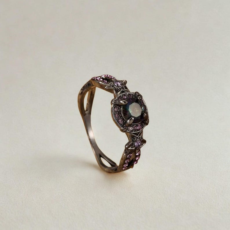 vintage black metal ring with purple stones – witchcore aesthetic jewelry