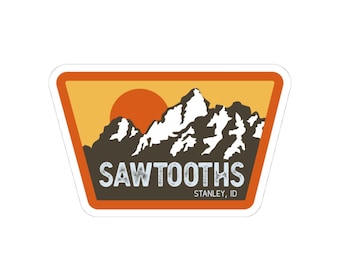 Sawtooths Mountain Sticker, Stanley ID Retro Sunset Kiss-Cut Sticker