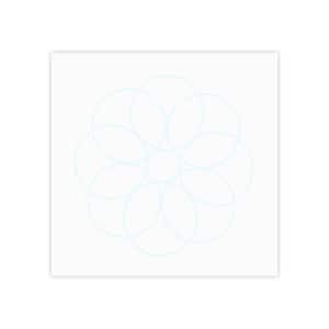May include: A white square with a light blue floral design. The design is composed of overlapping circles, creating a flower-like pattern. The circles are thin and delicate, set against a clean white background.
