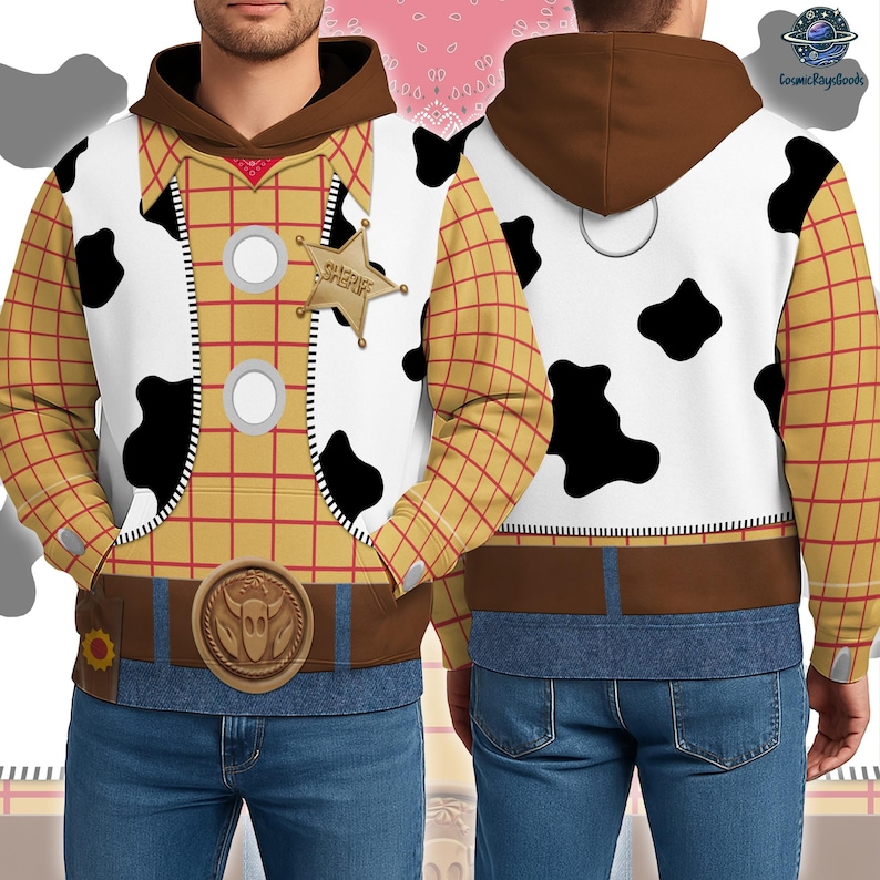 A person wearing a costume resembling the character Woody from Toy Story, including a cowboy hat, belt, and other accessories.