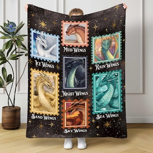 May include: A black blanket featuring colorful dragon illustrations within postage stamp frames. Each stamp showcases a different dragon type, including Ice Wings, Mud Wings, Rain Wings, Sand Wings, Night Wings, Sky Wings, and Sea Wings, set against a starry background.