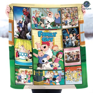 May include: A colorful Family Guy fleece blanket featuring various comic panels with the show's characters. The blanket has a yellow border and showcases scenes with Peter, Lois, Stewie, Brian, and other characters.