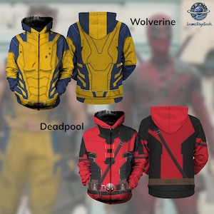 Peut inclure: Deux sweats à capuche zippés présentant des motifs inspirés de personnages. Un sweat est jaune et bleu avec un motif texturé sur la poitrine étiqueté Wolverine. L'autre est rouge et noir avec un graphique de ceinture utilitaire étiqueté Deadpool.