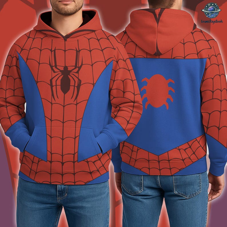 A man wearing a Spiderman hoodie with a spider design on the chest and a spider web pattern on the back.