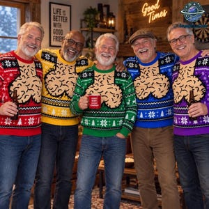 May include: Five jumpers in red, yellow, green, blue, and purple, each featuring a beige graphic of a brain-like shape on the chest and a white snowflake and tree pattern along the hem. The jumpers have long sleeves and crew necklines.