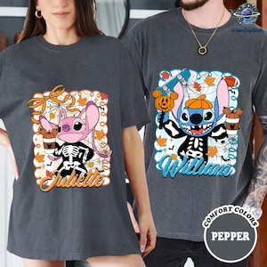 Stitch and Angel Halloween Couple Matching T-shirt, Comfort Colors Stitch and Angel Shirt, Halloween Couple Tees, Spooky Season Shirt