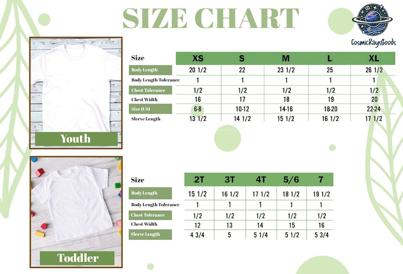 the size chart for a youth's t - shirt