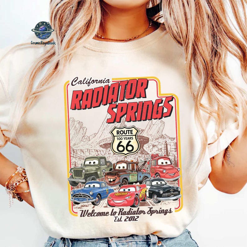 Vintage Radiator Springs Comfort Colors Shirt, Lightning McQueen Disneyland Tee, Pixar Cars Family Shirts, DisneyVacation Shirt, Disneytrip immagine 1