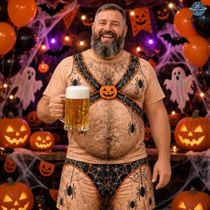 May include: A beige t-shirt and matching shorts set featuring a black spiderweb pattern with spiders and a central orange jack-o'-lantern graphic on the chest, worn with a glass mug filled with golden beer in a festive Halloween setting.