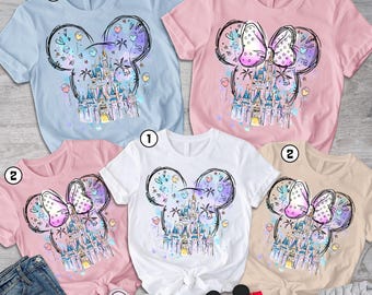 Camiseta de acuarela con el castillo de Mickey y Minnie en Disneyland, camiseta con orejas de ratón en acuarela, camiseta de Magic Kingdom, camiseta de Magic Castle, camiseta a juego de Mickey y Minnie.