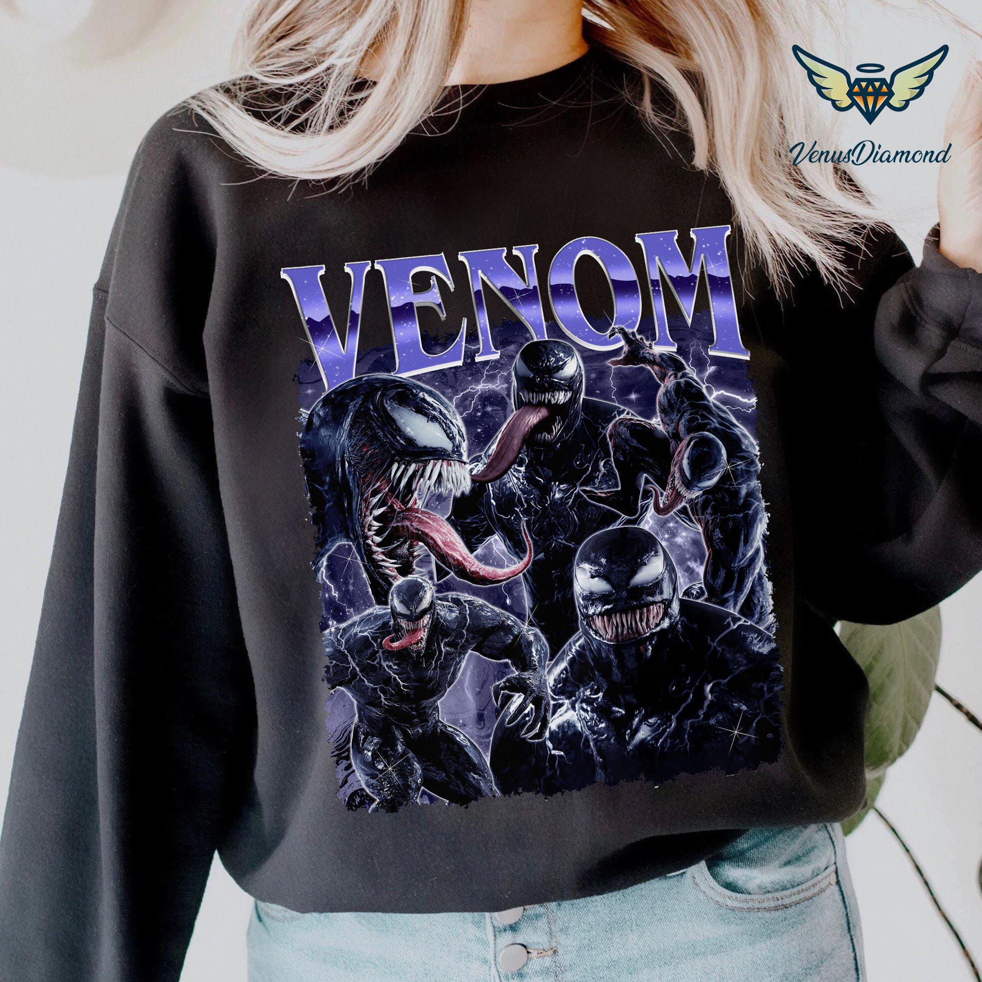 Goat Crew 【 Marvel Spider-Man Y2K Venom Long Sleeve T-Shirt Womens 】 レディース Goat Crew Marvel Venom Poster Vintage T-Shirt Black Acidwash