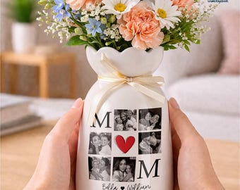 Flower Vase Personalized Mom Shirt With Kids Names, Personalized Flower Vase, Custom Photo Gift For Mom, Mother’S Day Vase, Kids Names Gif
