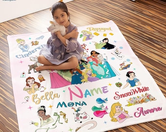 Personalized Disneyworld Princess Blanket, Disneyland Castle Princess Blanket, Belle Rapunzel Tiana Ariel Elsa, Birthday Girl gift