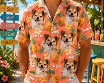 Personalized Dog Cat Face Photo Hawaiian Shirt, Custom Pet Name Tropical Shirt, Pet Owner Gift, Pet Lover Summer Gift
