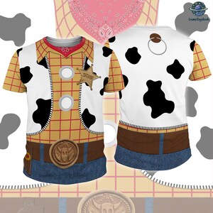 A t-shirt design featuring a cow-like pattern, a cowboy hat, and a belt, resembling the character Woody from Toy Story.