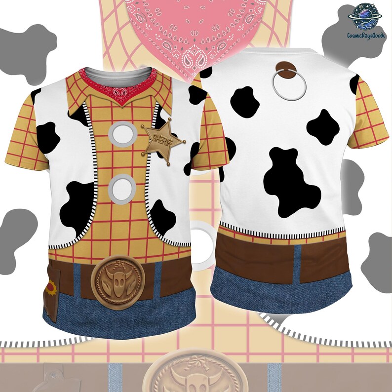 A t-shirt design featuring a cow-like pattern, a cowboy hat, and a belt, resembling the character Woody from Toy Story.