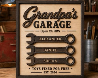Personalized Grandpa’s Garage Frame, Custom Grandkids Names Tool Plaque, Rustic Garage Decor, Father’s Day Gift For Grandpa, Family Gift