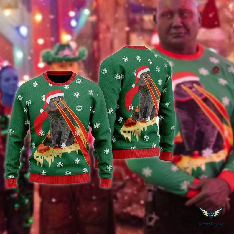 Drax Pizza Cat With Laser Eyes Ugly Christmas Sweater Drax Etsy