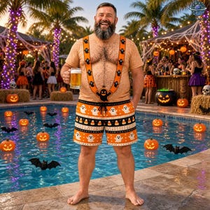 May include: A beige t-shirt featuring orange suspenders with a ghost pattern and a central ghost graphic, paired with orange shorts decorated with a repeating ghost and candy corn pattern. The outfit is worn by a person holding a glass of beer.