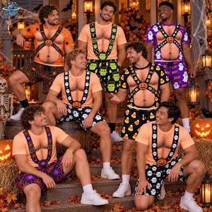 May include: Five individuals wearing matching Halloween-themed sets consisting of a peach-colored t-shirt with a printed black harness design over a faux-hairy chest and patterned shorts featuring various motifs like pumpkins, ghosts, and candy corn.