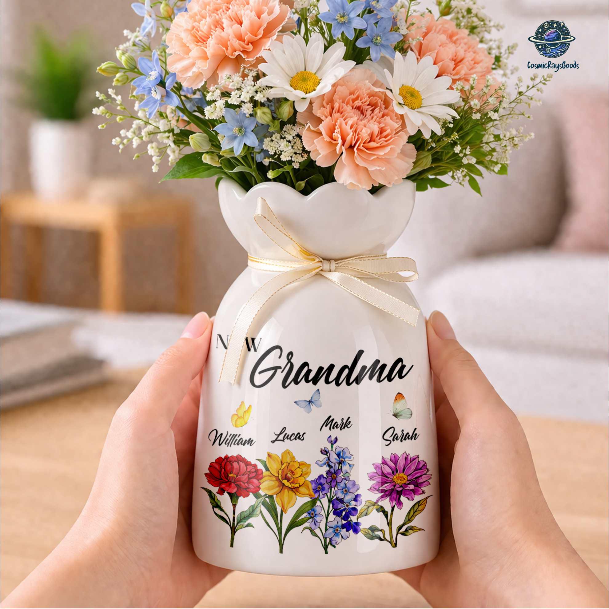 Custom First Mom Now Grandma Ceramic Flower Vase, Birth Month Flower ...
